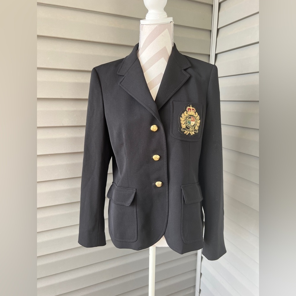 VTG- RALPH LAUREN Black 100% Wool Gold Button Crest Crown Patch Blazer Sz 12P
